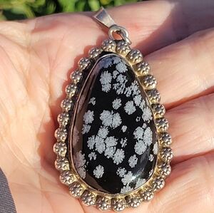 Vintage Snowflake Obsidian Solid Sterling Silver Pendant